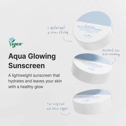 Three containers of Aqua Glowing Sunscreen with text highlighting its features on a light gray background.