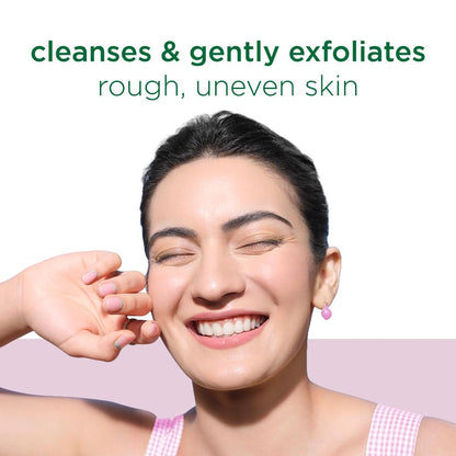 Woman with smooth skin and text about skincare benefits on a light green background