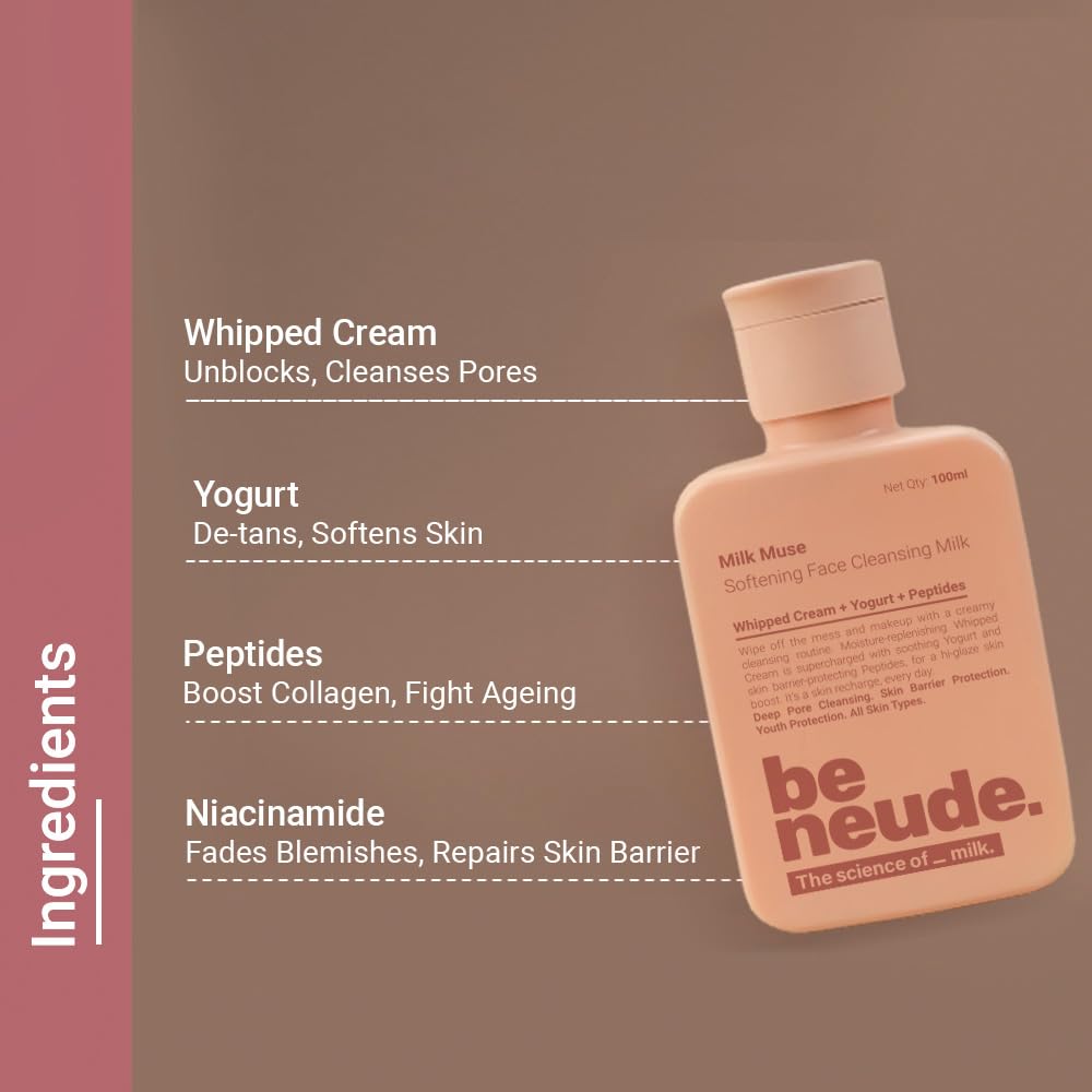 Be Neude Milk Muse Face Cleanser 100 ml with Peptides and Whipped Cream Deep Pore Non Drying Face Wash for Acne Prone and Sensitive Skin Hydrating Cleansing Milk