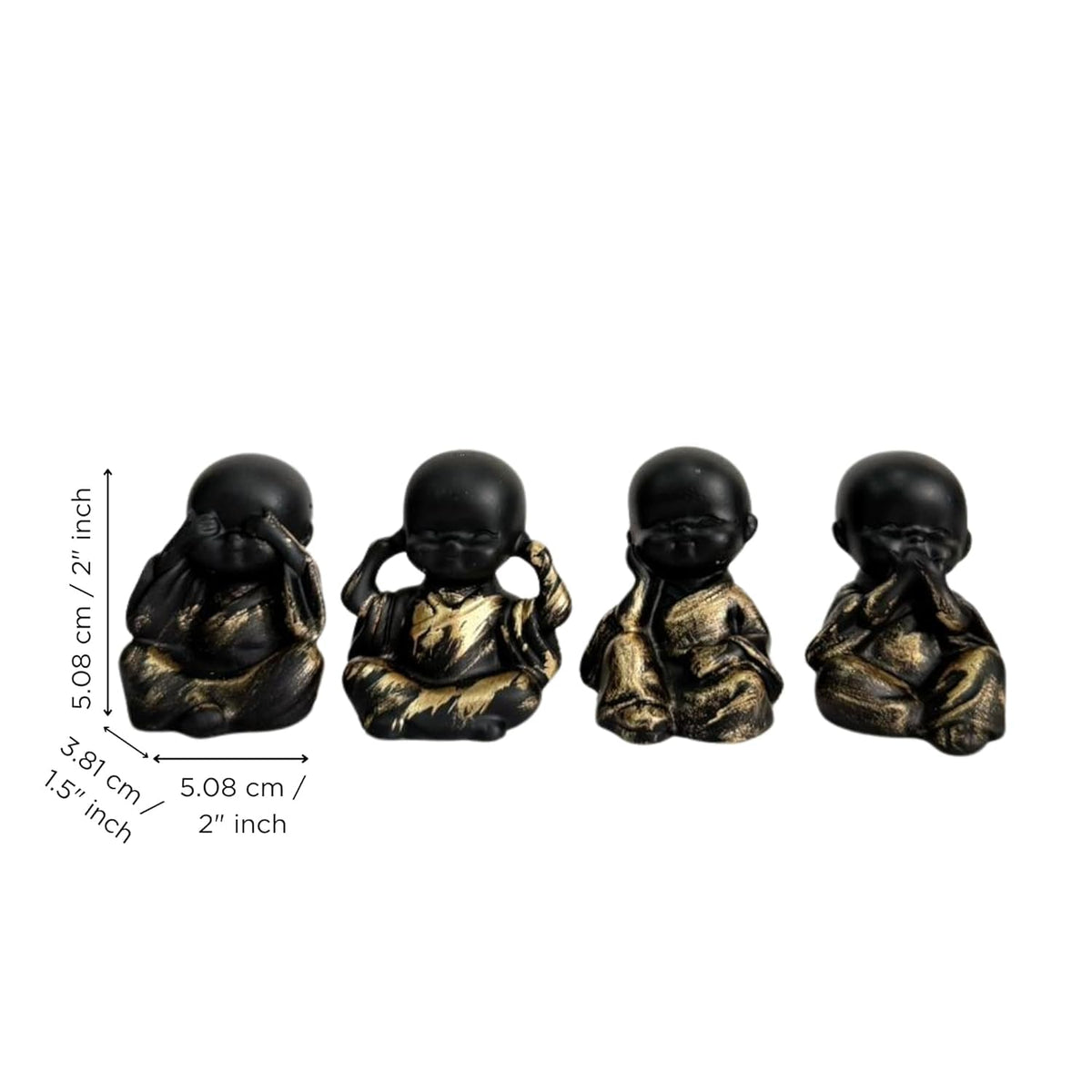Set of 4 Meditating Monk Baby Buddha Idols | See Hear Speak Pray No Evil Figurines for Home Decor, Living Room, Office Desk | Decorative Spiritual Showpiece Gift Set