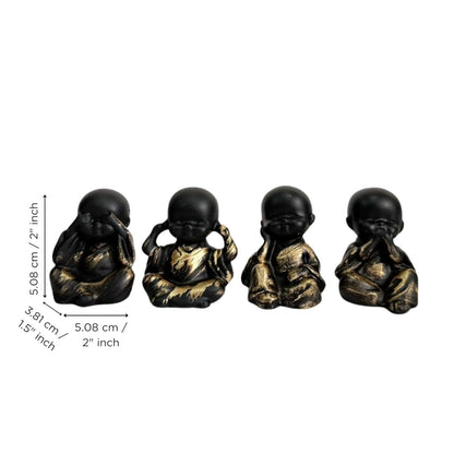 Set of 4 Meditating Monk Baby Buddha Idols | See Hear Speak Pray No Evil Figurines for Home Decor, Living Room, Office Desk | Decorative Spiritual Showpiece Gift Set