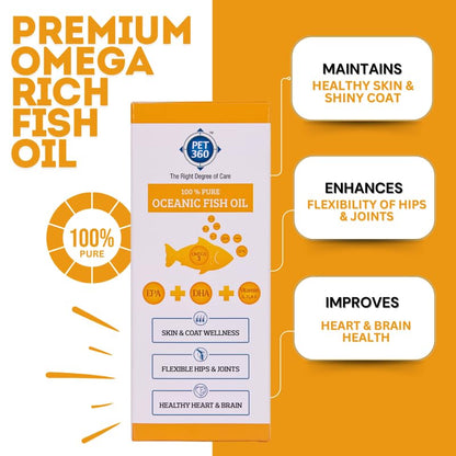 PET360 Oceanic Sardine Fish Oil for Dogs & Cats | Promotes Heart, Brain, Liver & Kidney Health | Reduced Hairfall, Shiny Coat | Omega 3, 6 & Vit. A, D, E| Nutritional Supplement for All Breeds- 200 ml