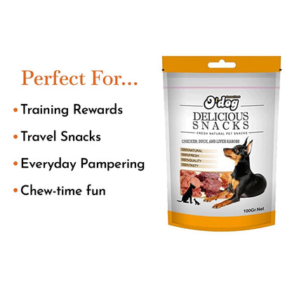 PETS EMPIRE O'Dog Chicken, Duck and Liver Kabobs Stick, Healthy Dog Treats, Chewy Dogs Sticks for Training and Feeding, Made with Real Chicken, Duck, Non-Vegetarian Snacks for Dogs, Puppies - 100g