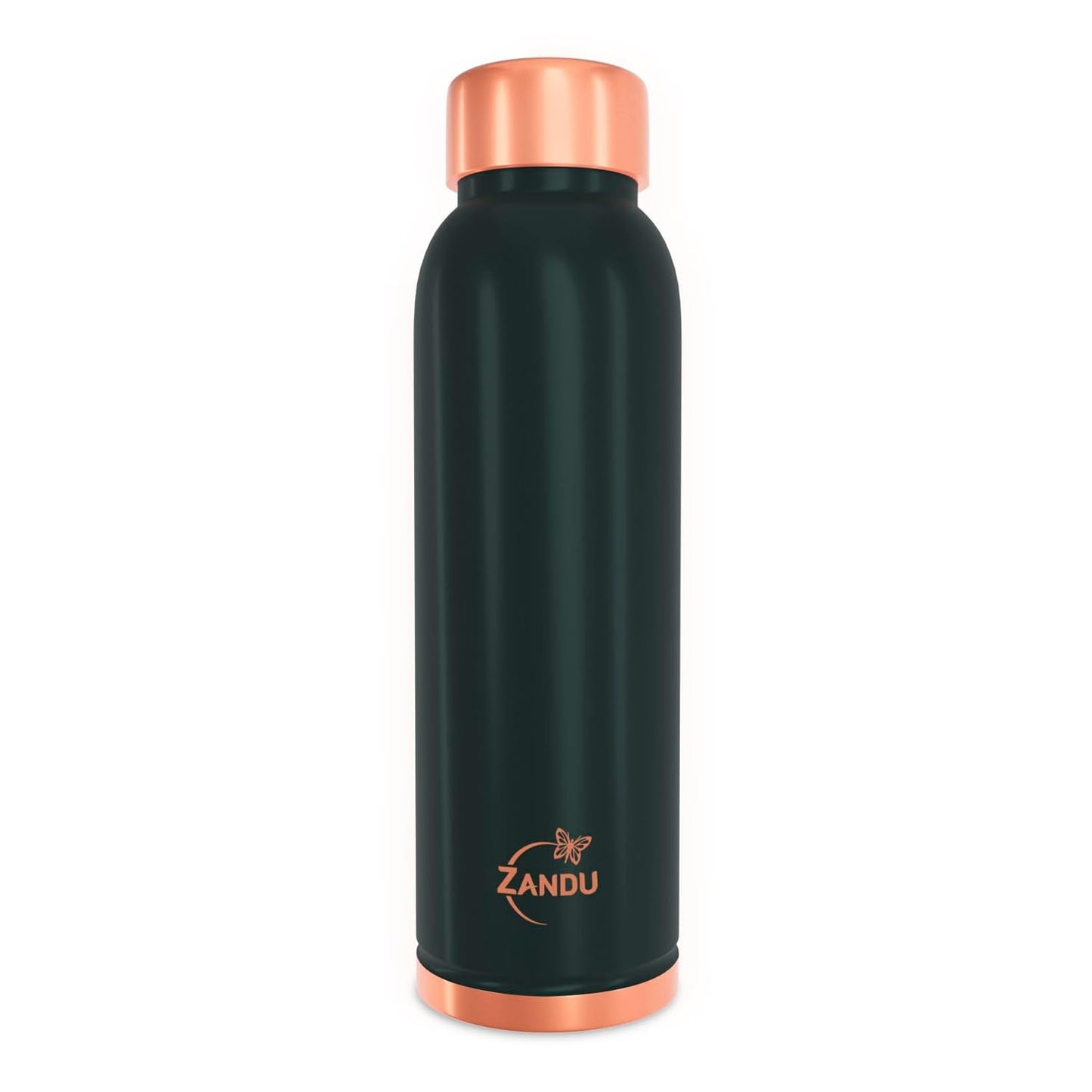 Black water bottle with copper cap and Zandu logo on a white background