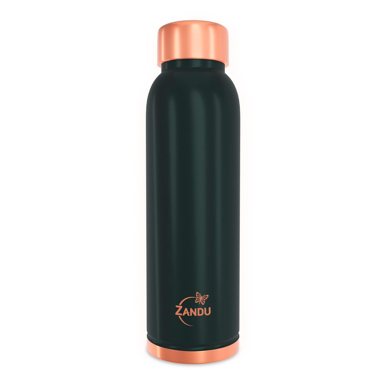 Black water bottle with copper cap and Zandu logo on a white background
