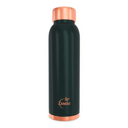 Black water bottle with copper cap and Zandu logo on a white background