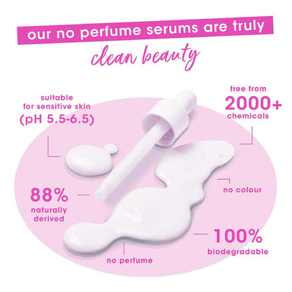 No perfume serums with benefits listed on a pink background