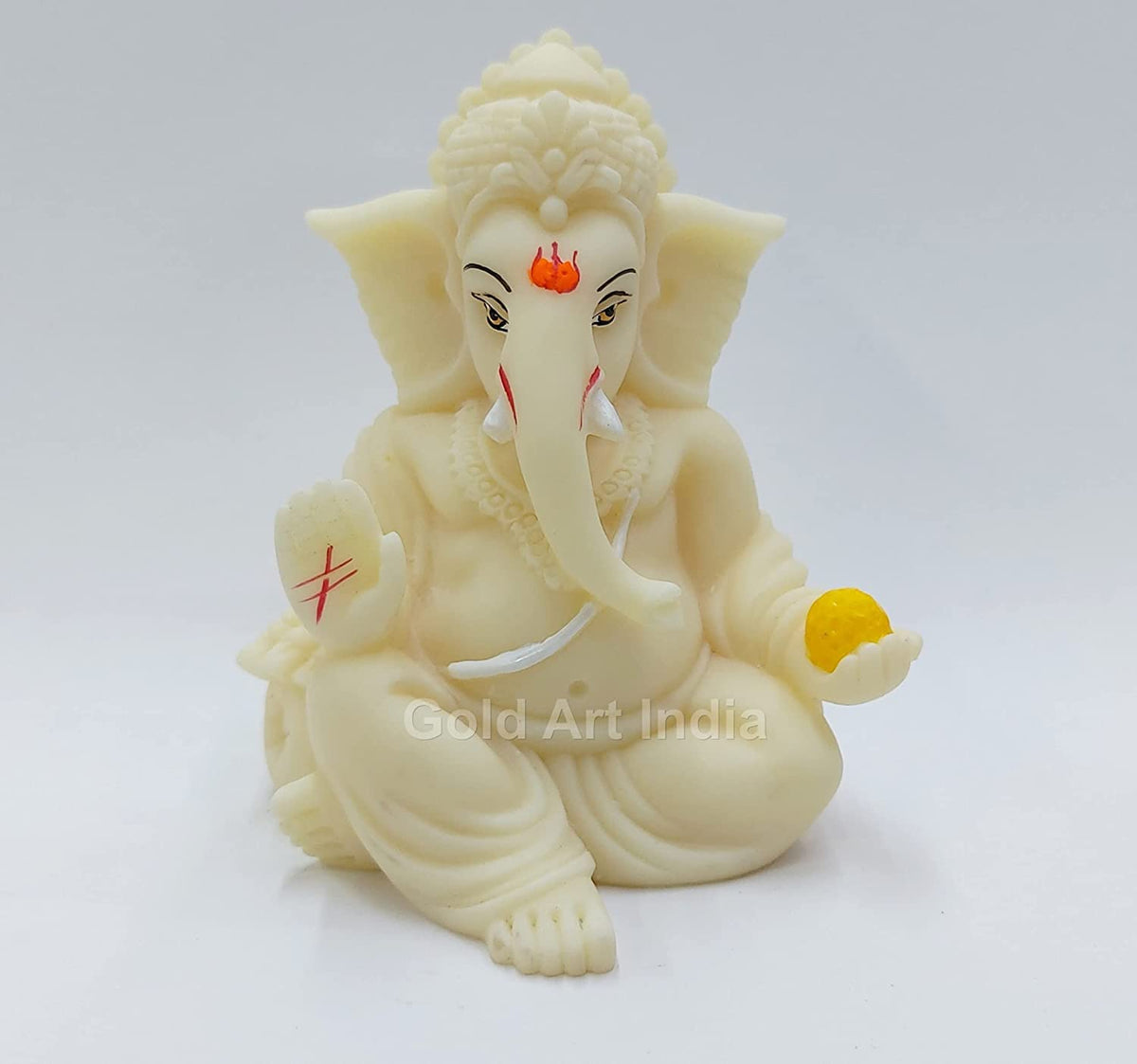 Gold Art India Ivory Finish Gaddi Ganesh Idol for Car Dashboard Small Ganesha Murti Ganpati Idol for Home Decor Puja Lord Ganesh Statue Gift for Office Desk Puja Room Figurine