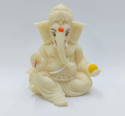 Gold Art India Ivory Finish Gaddi Ganesh Idol for Car Dashboard Small Ganesha Murti Ganpati Idol for Home Decor Puja Lord Ganesh Statue Gift for Office Desk Puja Room Figurine