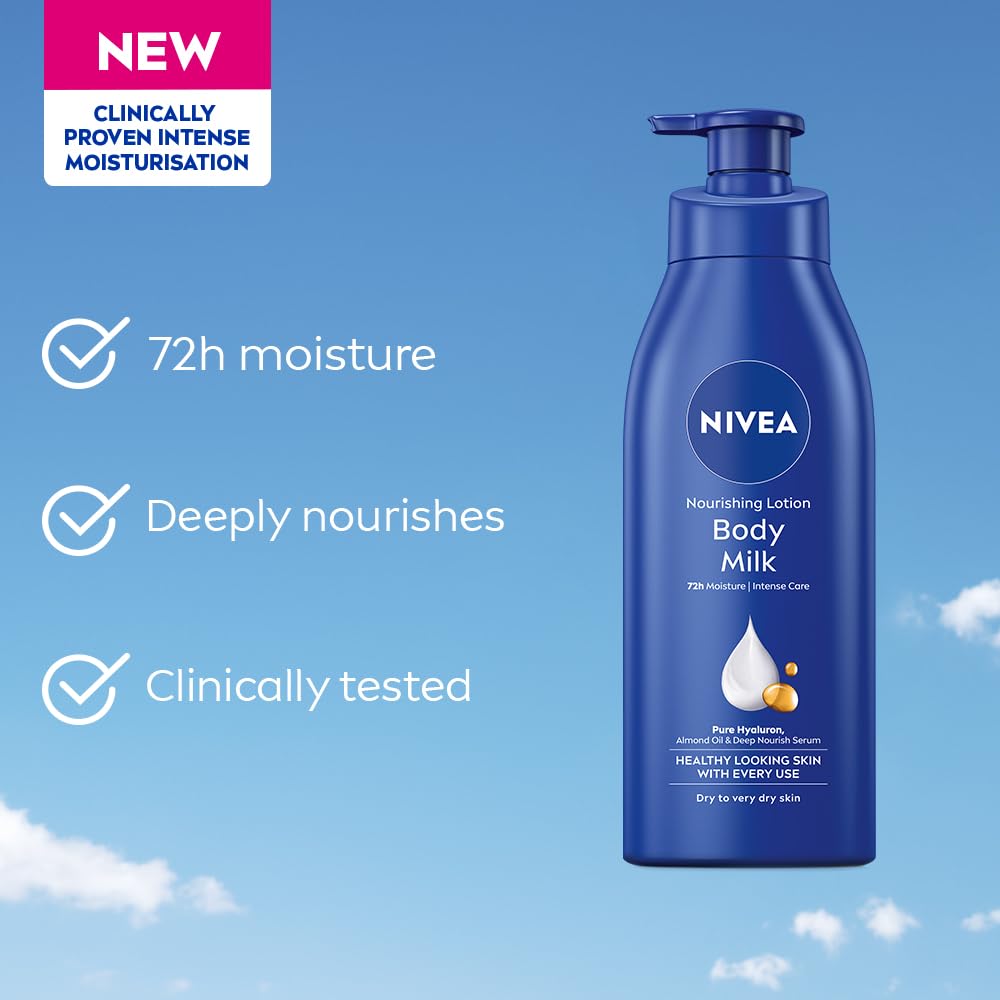 NIVEA Nourishing Body Milk 400ml Body Lotion with Hyaluronic Acid | 72Hr Hydration | Deep Moisture Care for Very Dry Skin | Enriched with Almond Oil | Smooth, Radiant & Healthy Looking Skin Care