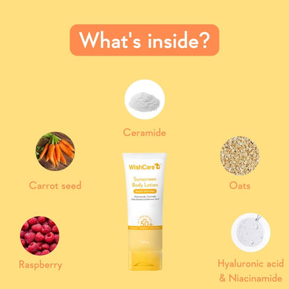 WishCare Sunscreen Body Lotion with ingredients listed on a yellow background