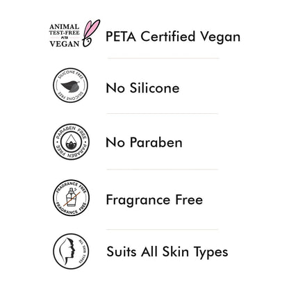 List of product features including PETA Certified Vegan, No Silicone, No Paraben, Fragrance Free, and Suits All Skin Types on a white background.