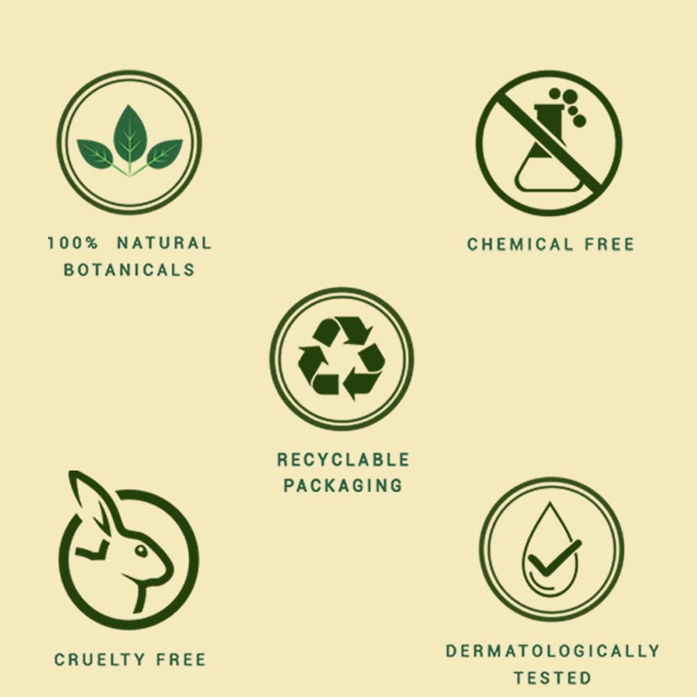 Set of green icons and symbols on a beige background, representing natural botanicals, chemical free, recyclable packaging, cruelty free, and dermatologically tested.