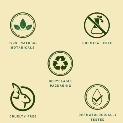 Set of green icons and symbols on a beige background, representing natural botanicals, chemical free, recyclable packaging, cruelty free, and dermatologically tested.
