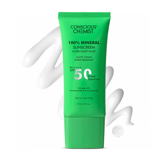 Green sunscreen tube labeled 'Conscious Chemist' on a white background