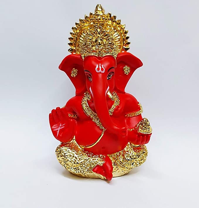 Gold Art India Ganesh Idol for Car Dashboard Ganesha Murti Ganpati Idol for Home Decor Puja Lord Ganesh Statue Gift for Office Desk Puja Room Figurine (Gold and Red, 3 x 3), Ceramic, Idol