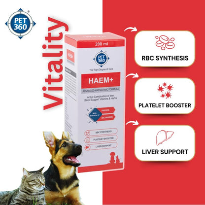 PET360 HAEM+ Advanced Haematinic Formula | Health Booster & Liver Tonic for Cats & Dogs | with Extracts of Papaya & Silymarine | Active Combination of Iron, Blood Support Vitamins & Herbs - 200 ml