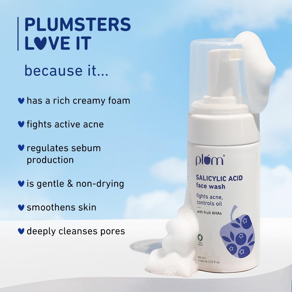 Plum 1% Encapsulated Salicylic Acid Foaming Face Wash | Fights Active Acne, controls oil & deep cleanses pores | with Glycolic Acid & Fruit AHAs | All Skin Types | Face Cleanser for Women & Men | 110ml
