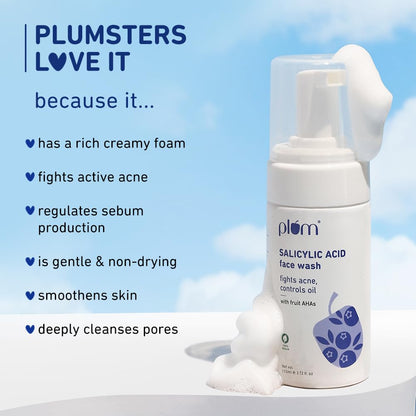 Plum 1% Encapsulated Salicylic Acid Foaming Face Wash | Fights Active Acne, controls oil & deep cleanses pores | with Glycolic Acid & Fruit AHAs | All Skin Types | Face Cleanser for Women & Men | 110ml
