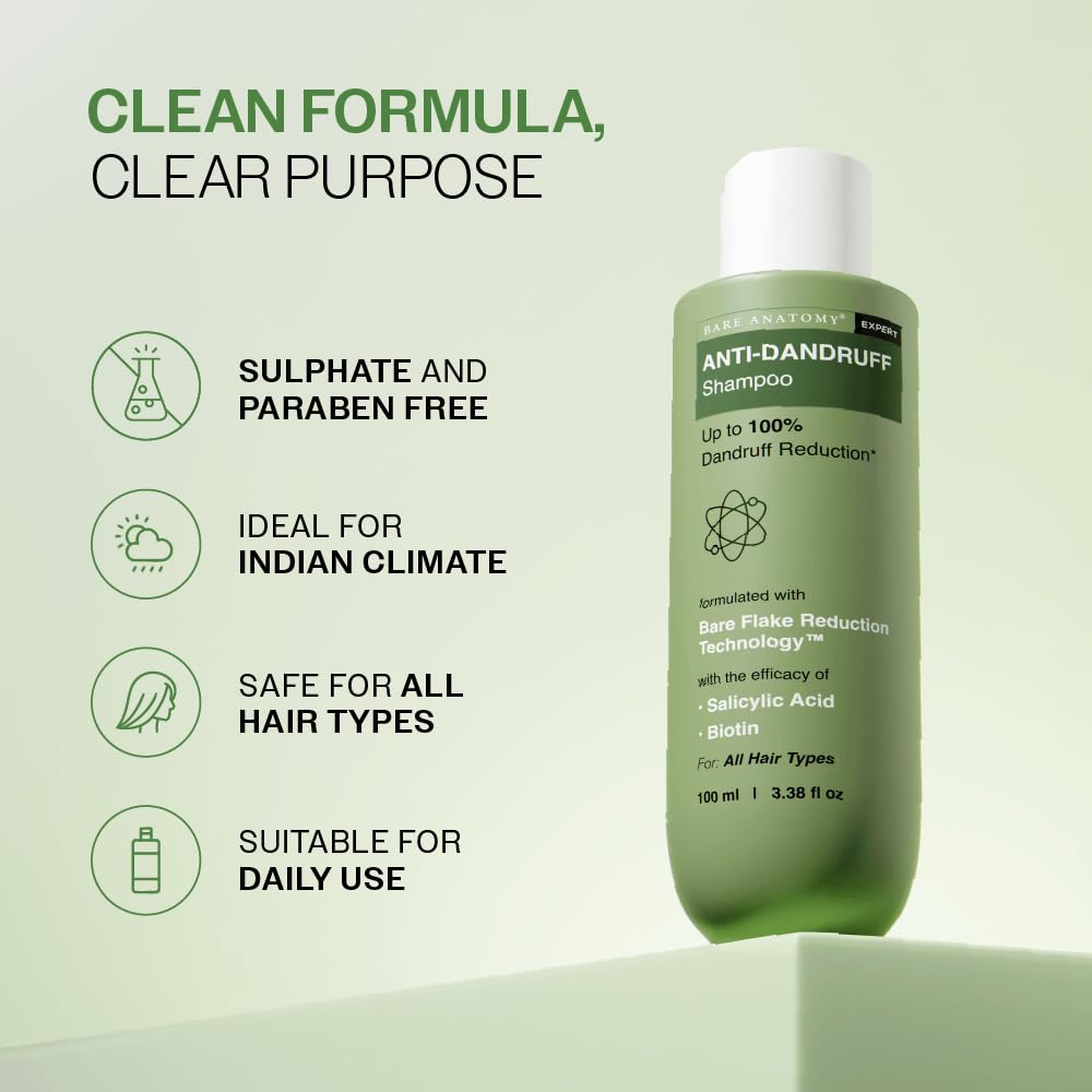 Bare Anatomy Anti Dandruff Shampoo | Reduces Up to 100% Dandruff and Strengthens Hair | Derma Approved Shampoo with Salicylic Acid & Biotin | Helps Remove Flakes and Itching | Shampoo For All Hair types | For Women And Men | 100ml
