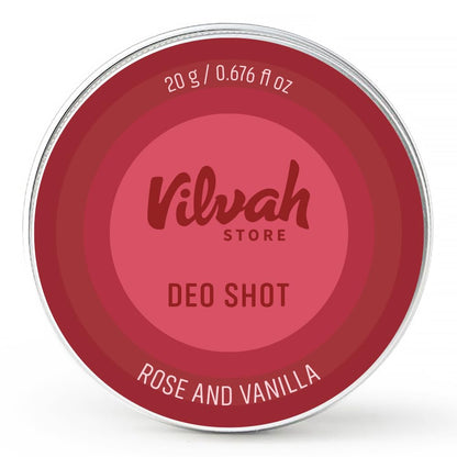 Vilvah Rose & Vanilla Deo Shot | Natural Underarm Deodorant for Odour Control & Dark Underarms | Absorbs Odour, Soothes Skin & Refreshes with Natural Fragrance | With Shea Butter, Rose & Vanilla Oils | Men & Women | 20g