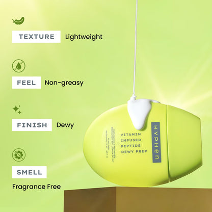 Yellow skincare product with text describing texture, feel, finish, smell, and brand on a green background