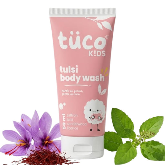 Tuco® Kids Body Wash/Shower Gel | Infused with Sandalwood Oil, Tulsi and Saffron | Gently Cleanse, Soothe, and Nourish | Ages 2-5, 5-10, 10-15 | SLS/SLES and Paraben Free | 50 ml
