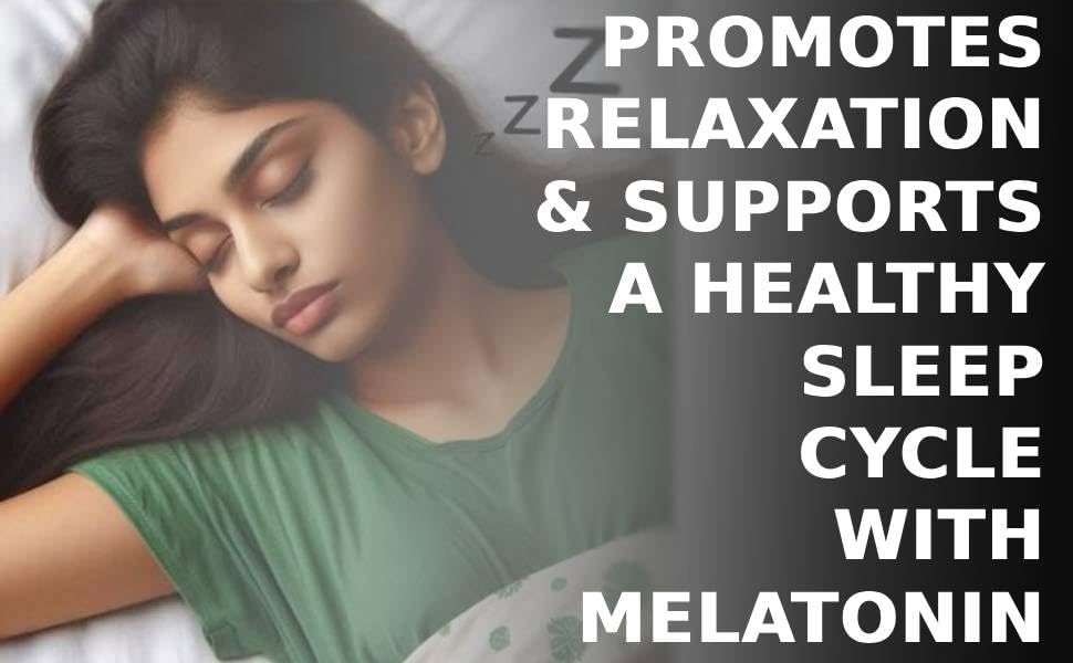 Woman lying down with text promoting relaxation and a healthy sleep cycle with melatonin