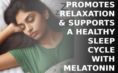 Woman lying down with text promoting relaxation and a healthy sleep cycle with melatonin