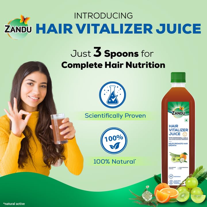 Zandu Hair Vitalizer Juice | Made With 11 Ayurvedic Ingredients, 100% Natural Actives, Vegetarian | 1L