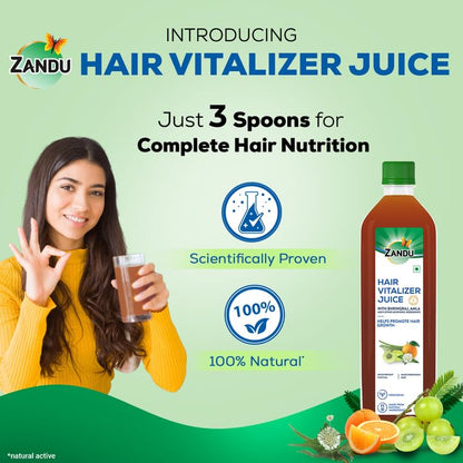 Zandu Hair Vitalizer Juice | Made With 11 Ayurvedic Ingredients, 100% Natural Actives, Vegetarian | 1L
