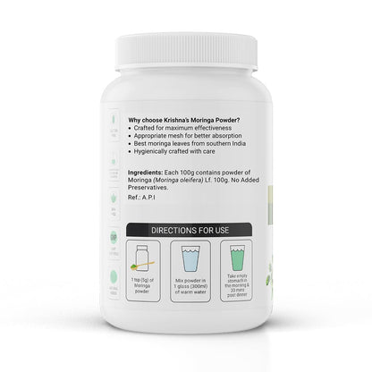 Krishna's Herbal & Ayurveda Pure Moringa Leaf Powder (100gms), Drumstick Leaf Powder Good for Hair, Skin and Immunity, Rich in Multivitamins