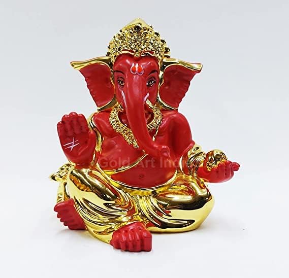 Gold Art India Gold Plated with Red Terracotta Gaddi Ganesha for Car Dashboard Home Decor Gifting Diwali Birthday Festivals (Gold Red)