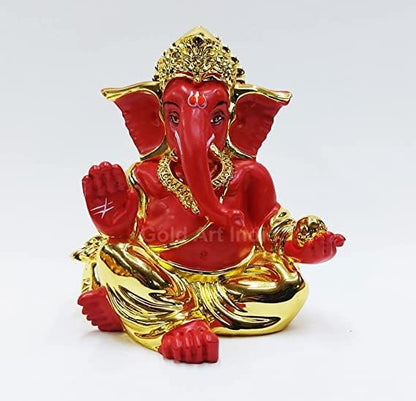Gold Art India Gold Plated with Red Terracotta Gaddi Ganesha for Car Dashboard Home Decor Gifting Diwali Birthday Festivals (Gold Red)