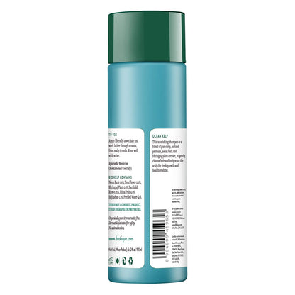Shampoo bottle with green cap and label on a white background