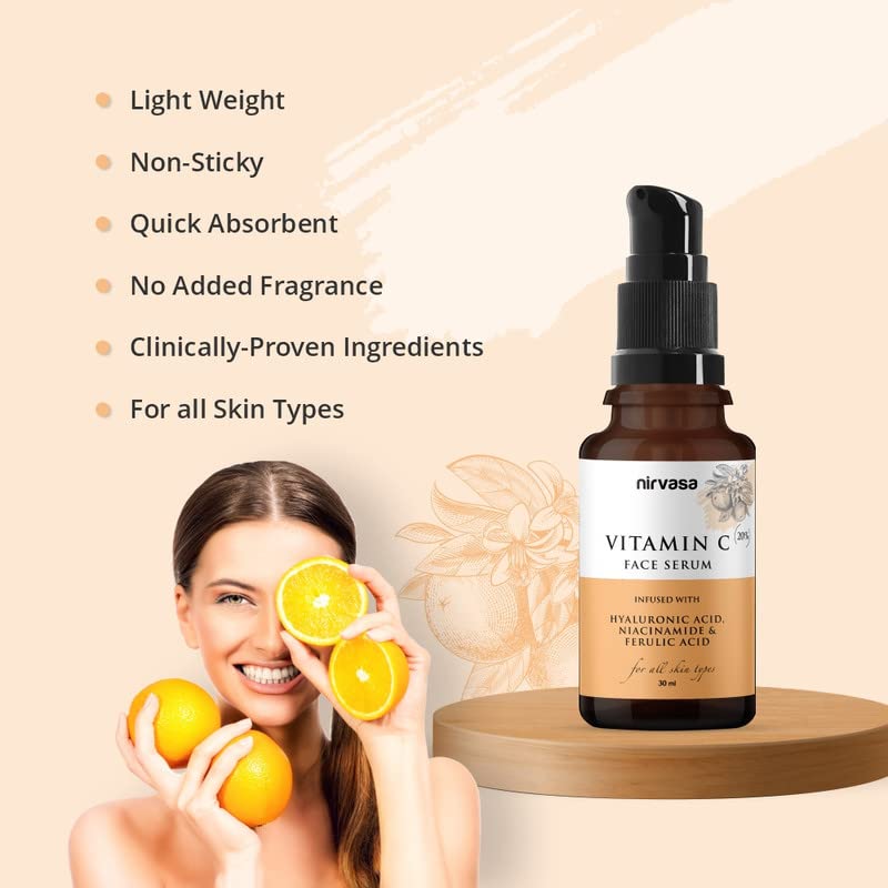 Nirvasa 20% Vitamin C Face Serum (30ml) | With Hyaluronic Acid & Niacinamide | Brightens Skin, Reduces Dark Spots & Pigmentation | UV Protection, Lightweight & Non-Irritating Formula