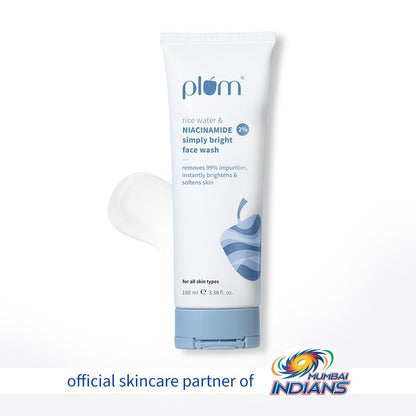 Plum 2% Niacinamide & Rice Water Face Wash 100ml | Hydrates & Brightens Skin | Softens & Smoothens Skin | Gentle & Non-Drying | Gently Cleanses 99% pore clogging impurities | Women & Men |