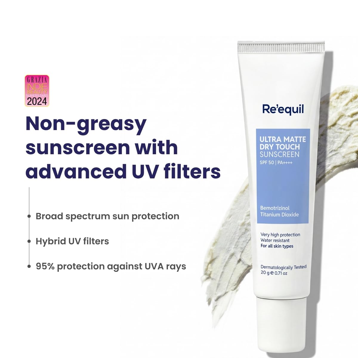 Re'equil sunscreen tube with product details on a white background