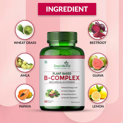 Simply Herbal Plant Based Vitamin B Complex Capsules, B-Complex Vitamin B1, B2, B3, B5, B6, B7, B9 & B12 | Supports Healthy Blood Cells, Metabolism & Improve Body Energy Level, 60 Capsules