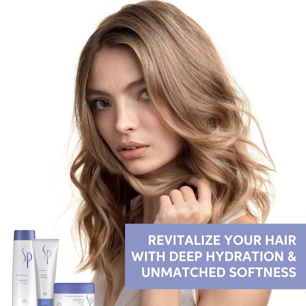 Woman with styled hair and SP hair care products with text on a white background