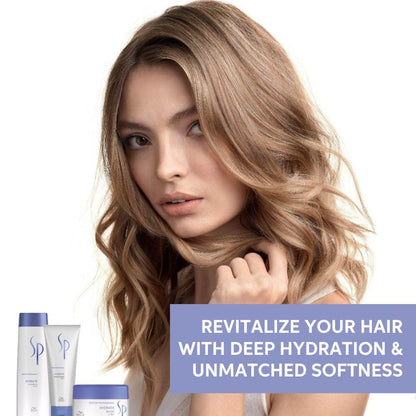 Woman with styled hair and SP hair care products with text on a white background