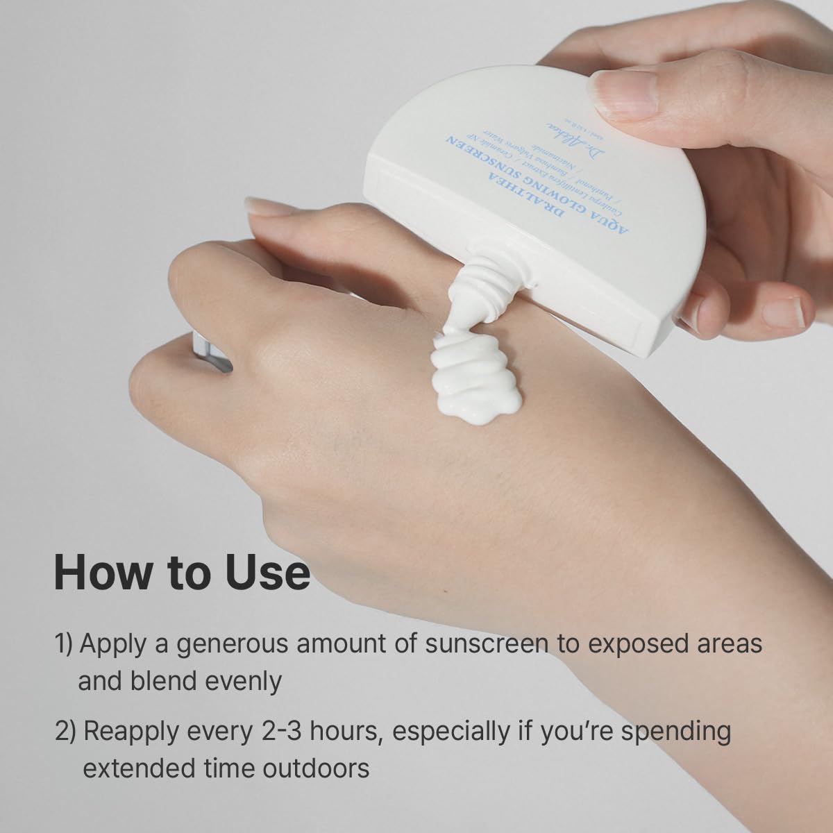 Hand applying sunscreen with a pump bottle, text on how to use sunscreen.