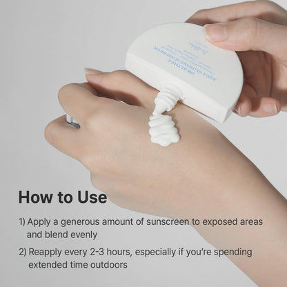 Hand applying sunscreen with a pump bottle, text on how to use sunscreen.