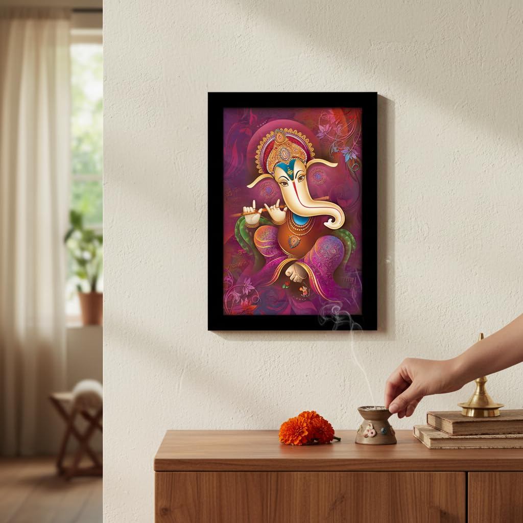 Ganesha Art Framed Painting | Ready to Hang- (Wood, Multicolor, 12inch x 18 inch).
