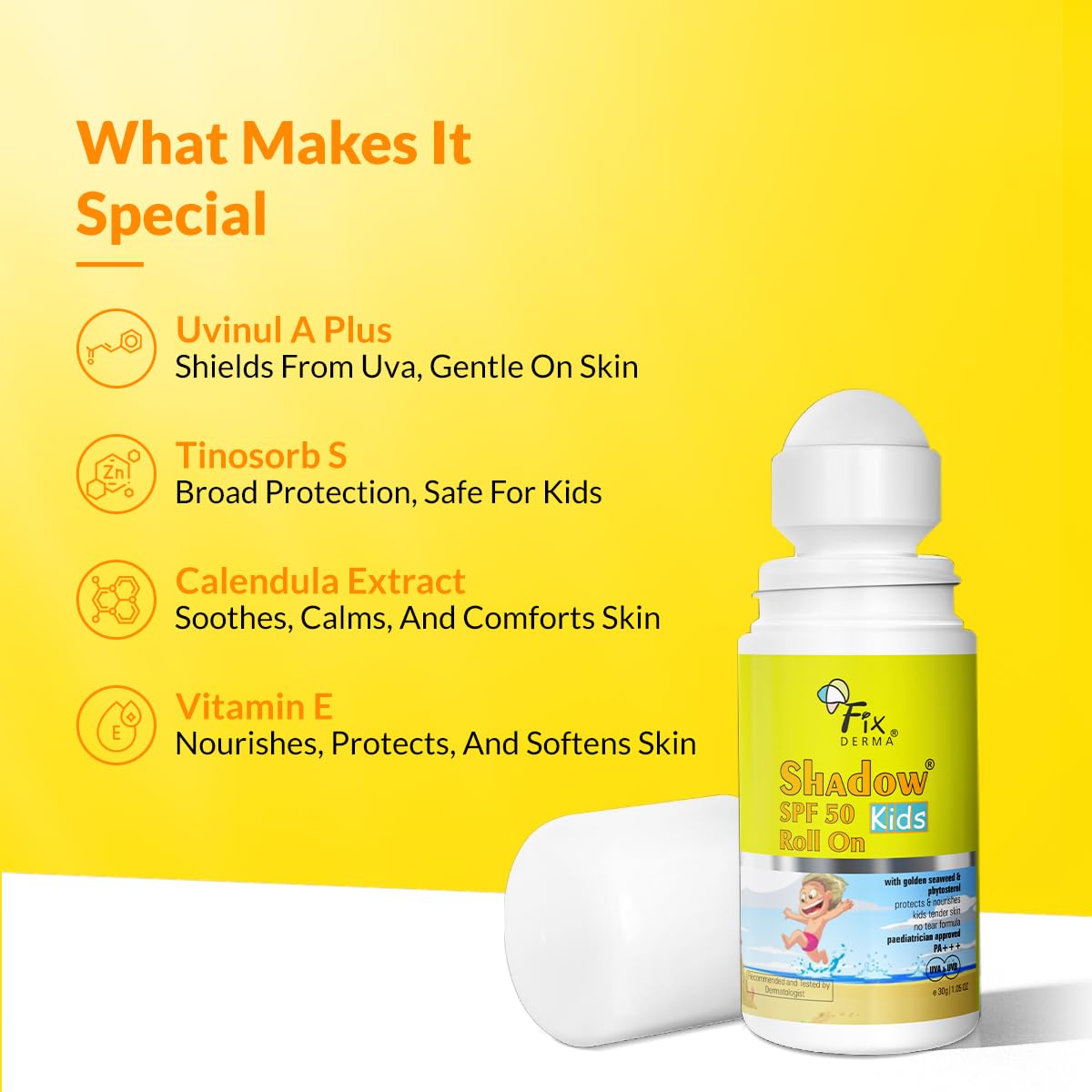 Fixderma Shadow SPF 50 Kids Roll On Sunscreen PA+++ | With Golden Seaweed & Phytosterol | Broad Spectrum UVA & UVB Protection | Sunscreen for Kids | All Skin Type | 30gm