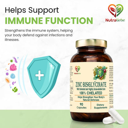 Nutraliebe Zinc Bisglycinate – High Absorption Zinc for Immune Support, Skin Health, and Cellular Function – 90 Capsules