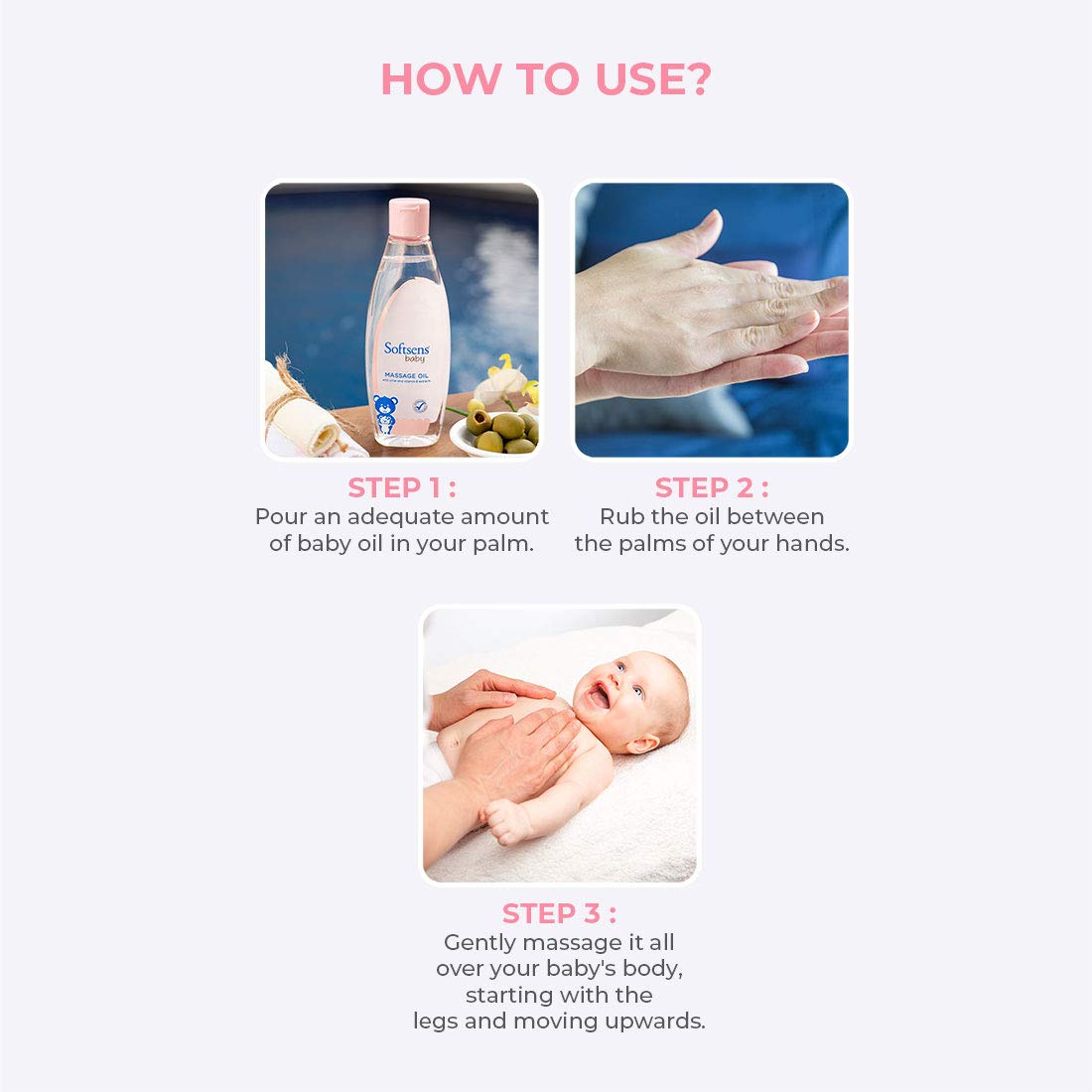 Softsens Baby Calming Massage Oil with Vitamin E, Coconut, Almond & Olive | Free from parabens and harmful chemicals 200ml