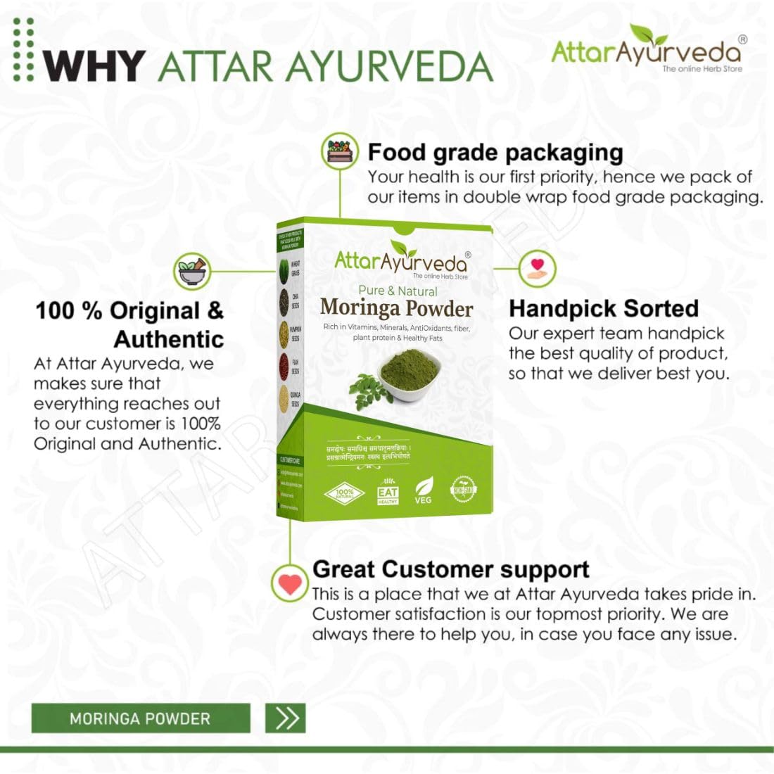 Attar Ayurveda Moringa Powder packaging with product details on a white background