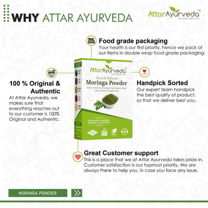 Attar Ayurveda Moringa Powder packaging with product details on a white background