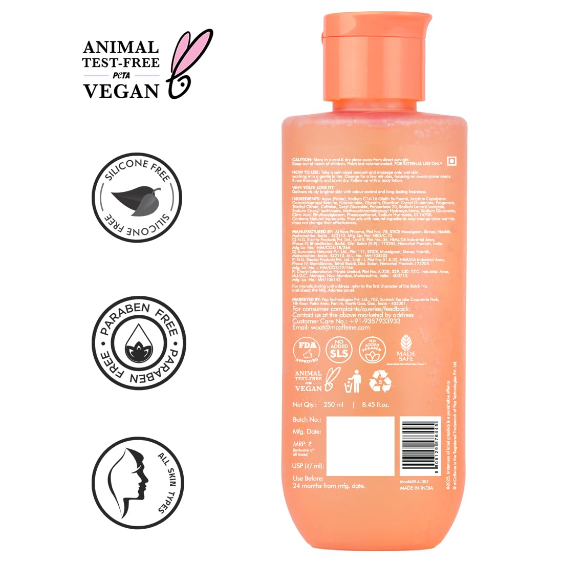 Peach-colored bottle with labels indicating animal test-free, vegan, silicone-free, paraben-free, and cruelty-free on a white background.
